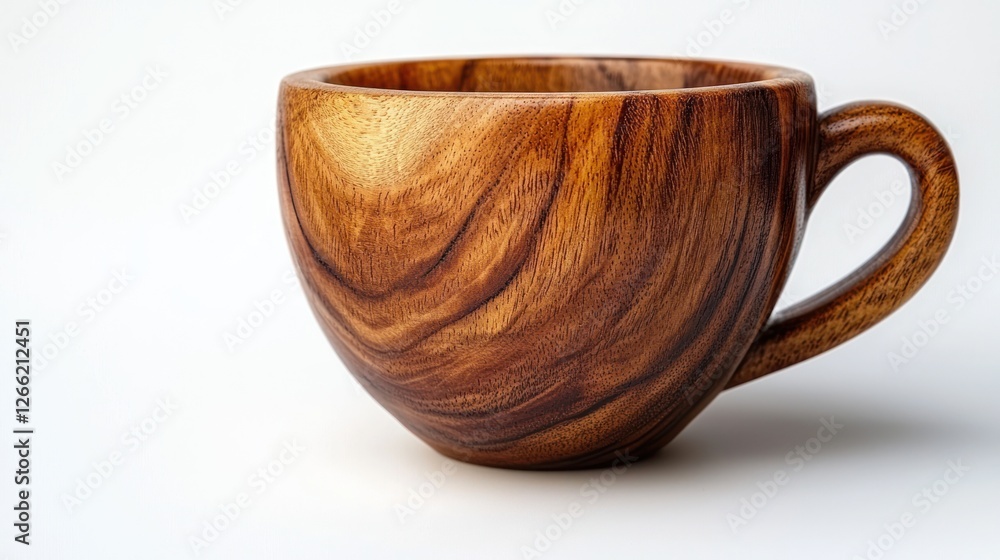 A handcrafted wooden cup with a curved handle A handcrafted wooden cup with a curved handle