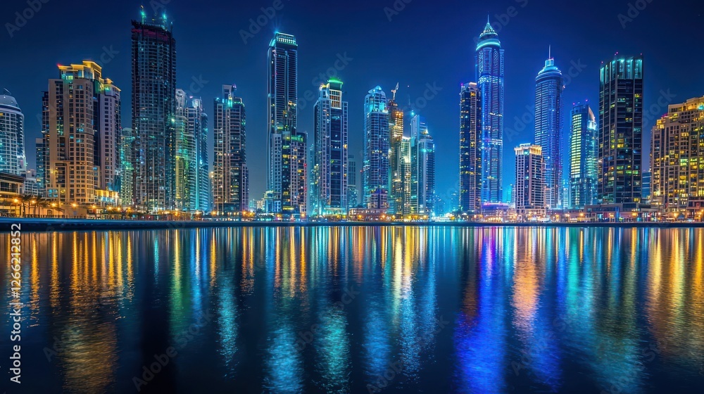 Fototapeta premium Dubai Marina Skyline at Night: A Stunning Reflection