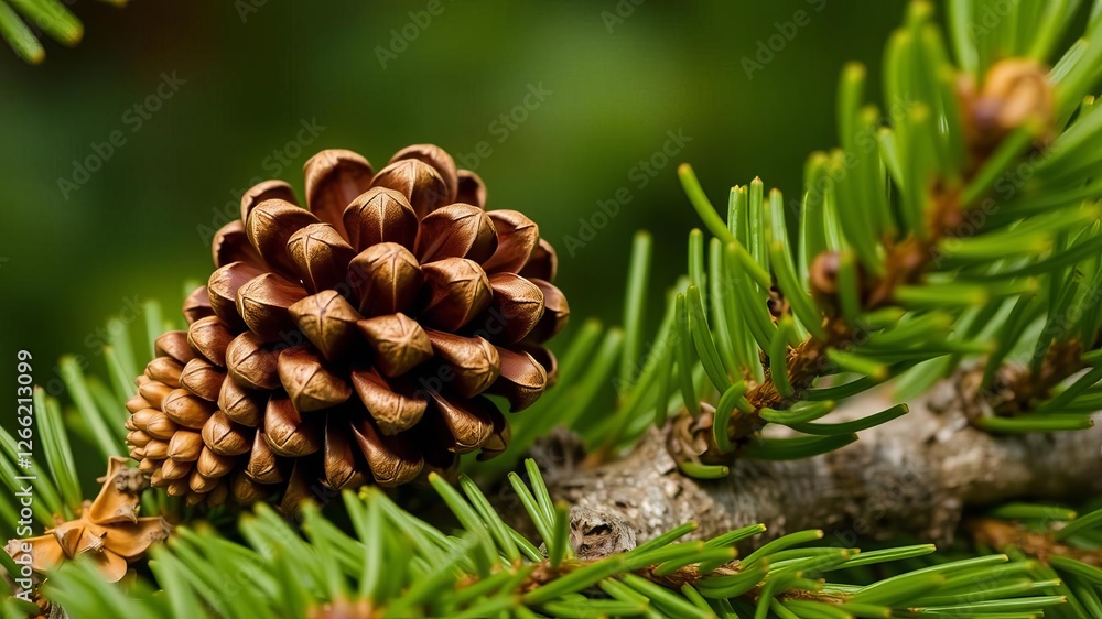 Close up of a green young pine cone growing on a branch in the forest, plant, green, flora Close up of a green young pine cone growing on a branch in the forest, plant, green, flora