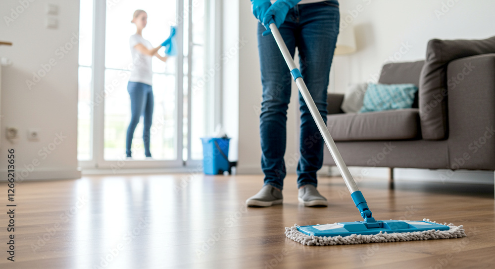 Mop cleaning hardwood floor in living room with woman cleaning windows. Woman using mop for cleaning hardwood floor. Cleaning service mopping floor Mop cleaning hardwood floor in living room with woman cleaning windows. Woman using mop for cleaning hardwood floor. Cleaning service mopping floor