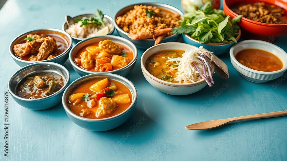 A vibrant northern Thai khantoke dinner spread with colorful curries and side dishes, cuisine, colors, spicy A vibrant northern Thai khantoke dinner spread with colorful curries and side dishes, cuisine, colors, spicy