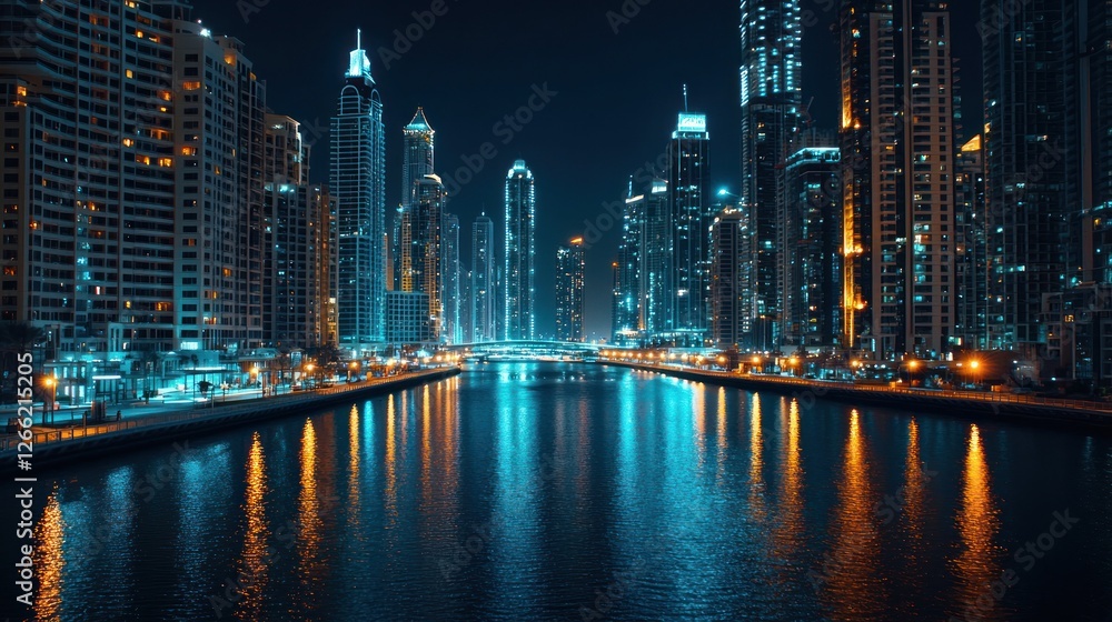 Fototapeta premium Dubai Marina Night Skyline: A Cityscape of Lights and Reflections