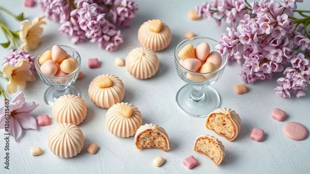Belgian sweets cuberdon and pralines in silver glasses arranged in a spring still life with lilac flowers flat lay, gourmet, pralines, still life Belgian sweets cuberdon and pralines in silver glasses arranged in a spring still life with lilac flowers flat lay, gourmet, pralines, still life