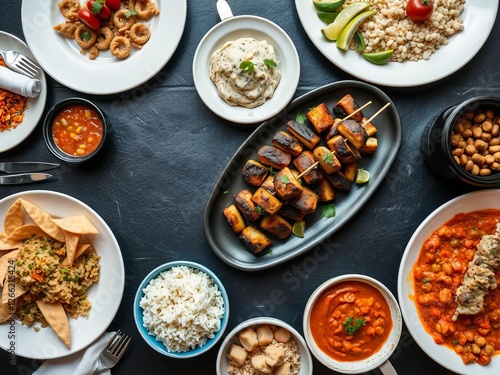 Top down view of various traditional Turkish dishes like kebabs, pilaf, and mezze on sleek black stone table, dining, meals, traditional photo