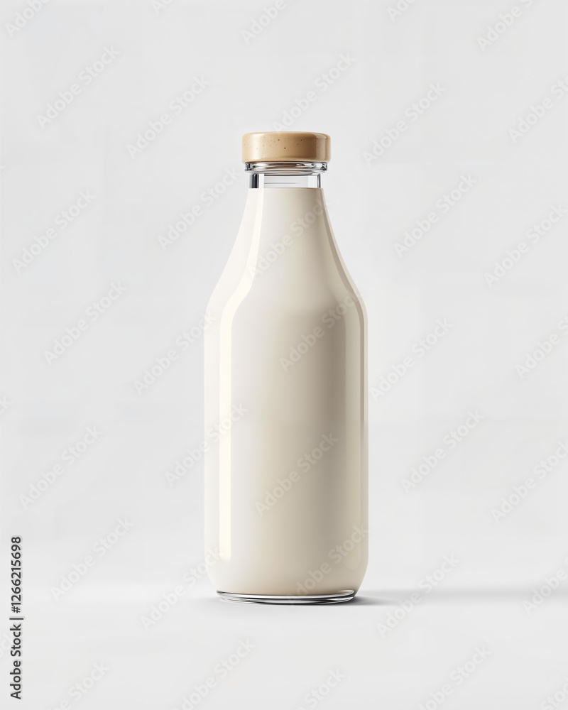 Milk bottle with a wooden lid placed on a light background for a clean and minimalist look Milk bottle with a wooden lid placed on a light background for a clean and minimalist look
