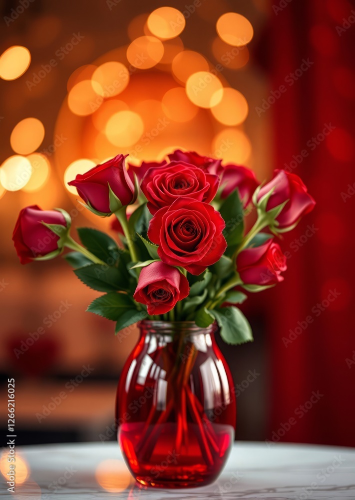 Red roses in red vase with bokeh lights valentine's day romance concept bokeh red bokeh abstract background glow design light texture effect sparkle Red roses in red vase with bokeh lights valentine's day romance concept bokeh red bokeh abstract background glow design light texture effect sparkle