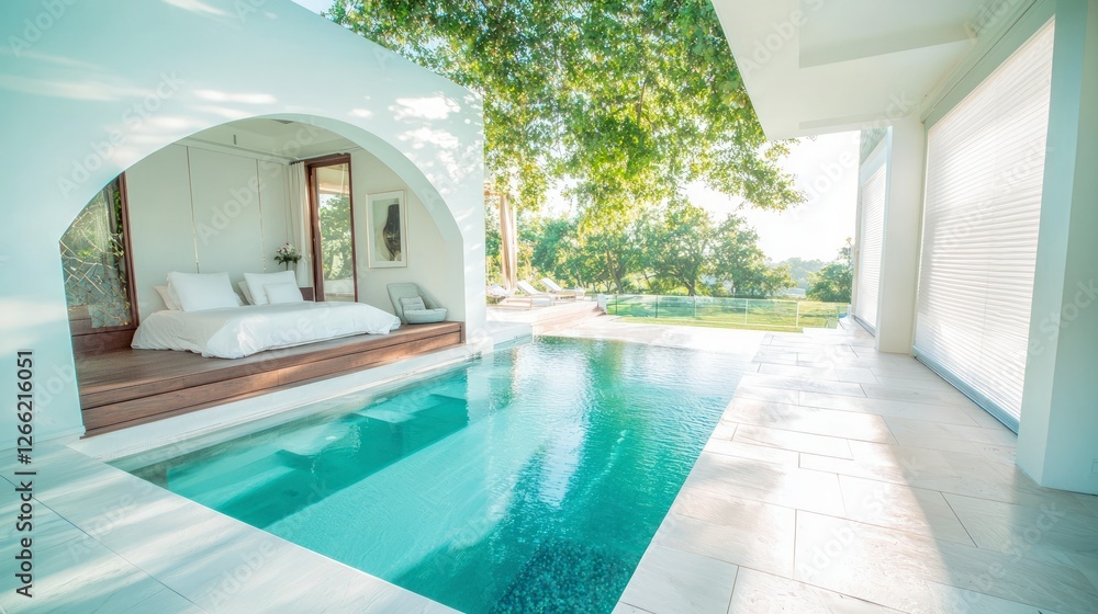 Fototapeta premium Luxury Modern Home Poolside Bedroom Design Tranquil Oasis with Automatic Shades