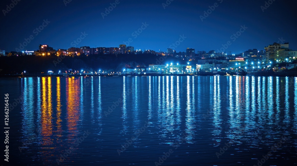 Fototapeta premium Night Cityscape Reflection on Calm Water