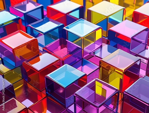 Fototapeta Naklejka Na Ścianę i Meble -  Abstract geometric composition of colorful glass cubes with reflective surfaces. Vibrant and modern three-dimensional digital artwork with depth, transparency, and symmetry

