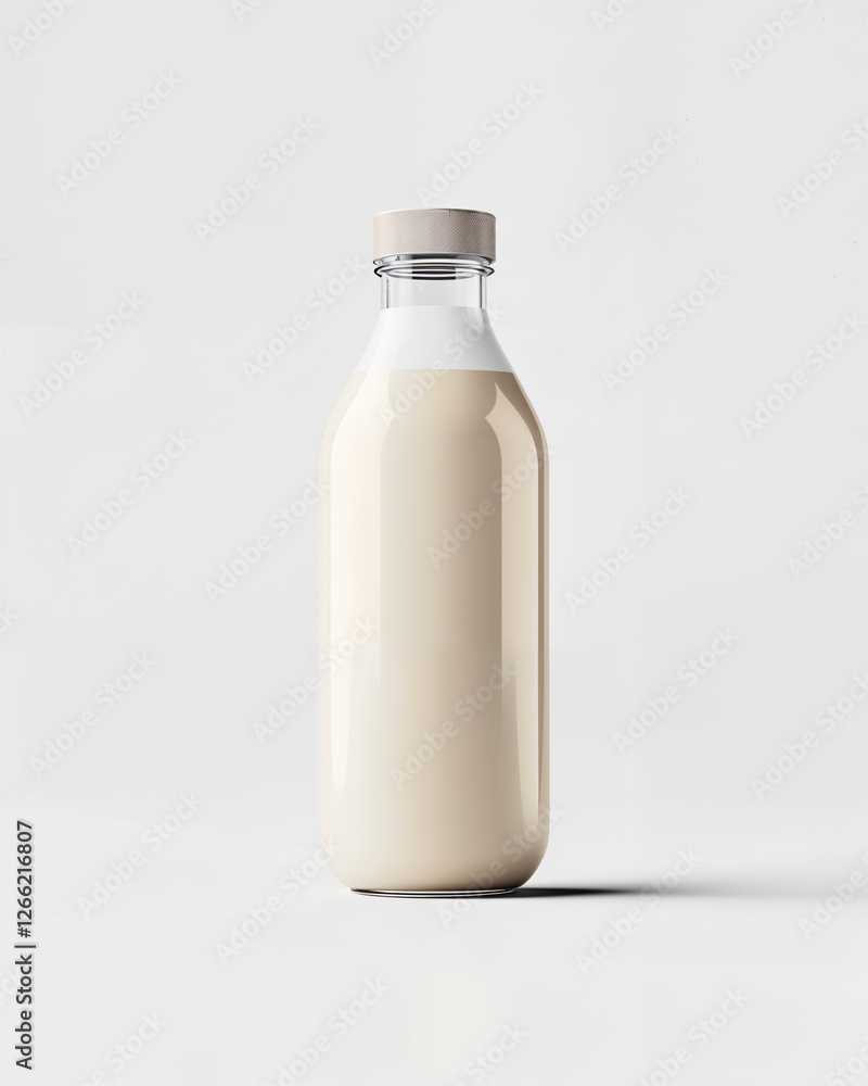 Stylish glass bottle filled with fresh white milk on a light background with soft shadows Stylish glass bottle filled with fresh white milk on a light background with soft shadows