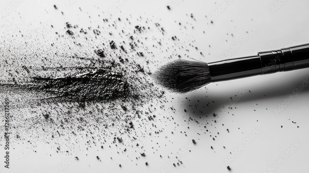 Black powder cosmetic brush explosion on white surface Black powder cosmetic brush explosion on white surface