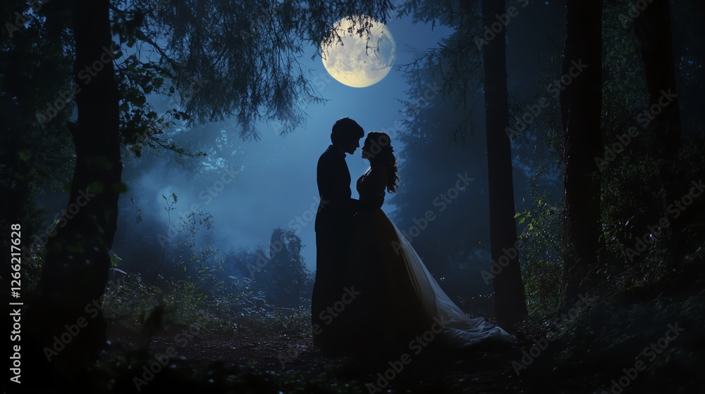 Couple Embraces in a Moonlit Forest Setting During a Magical Night Couple Embraces in a Moonlit Forest Setting During a Magical Night