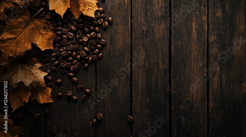 Autumn Leaves and Coffee Beans on Wooden Surface photo