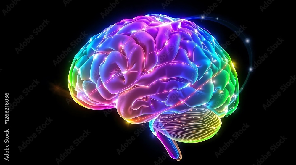 Obraz premium Colorful energy flowing through a glowing digital brain with neural connections on a dark background