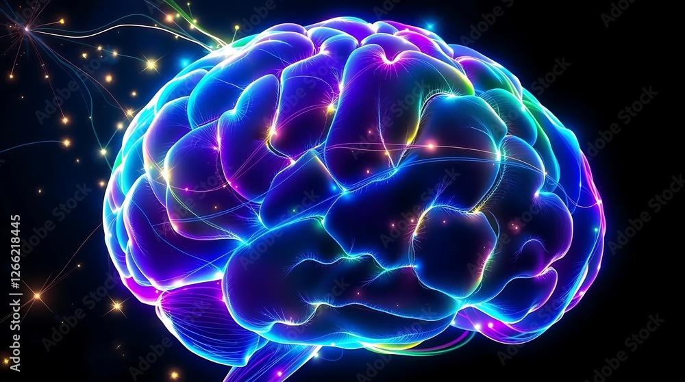 Colorful energy flowing through a glowing digital brain with neural connections on a dark background Colorful energy flowing through a glowing digital brain with neural connections on a dark background