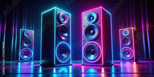 High-quality multimedia acoustic sound speakers with neon lights glowing on a dark background, creating a futuristic ambiance, futuristic, audio