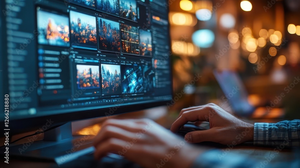 Stock photography, close-up of hands browsing high-quality stock images on a computer Stock photography, close-up of hands browsing high-quality stock images on a computer