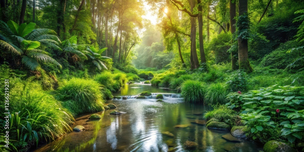 Obraz premium Stream Surrounding Lush Green Plants, forest, peaceful, forest, peaceful