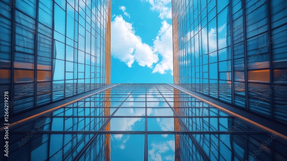 Structures, close-up of steel beams of a futuristic skyscraper, blue sky in the background Structures, close-up of steel beams of a futuristic skyscraper, blue sky in the background
