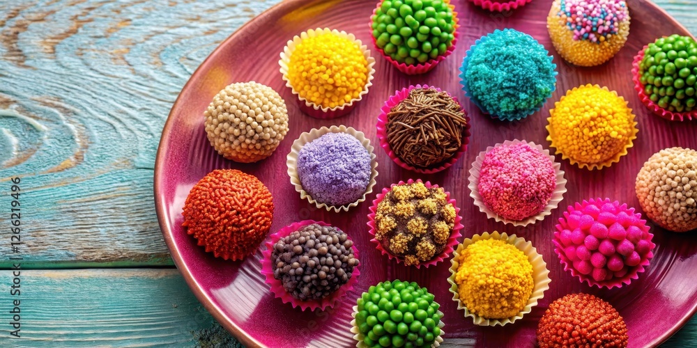 Colorful brigadeiros arranged artfully on a pink plate, surrounded by vibrant hues and textures Colorful brigadeiros arranged artfully on a pink plate, surrounded by vibrant hues and textures