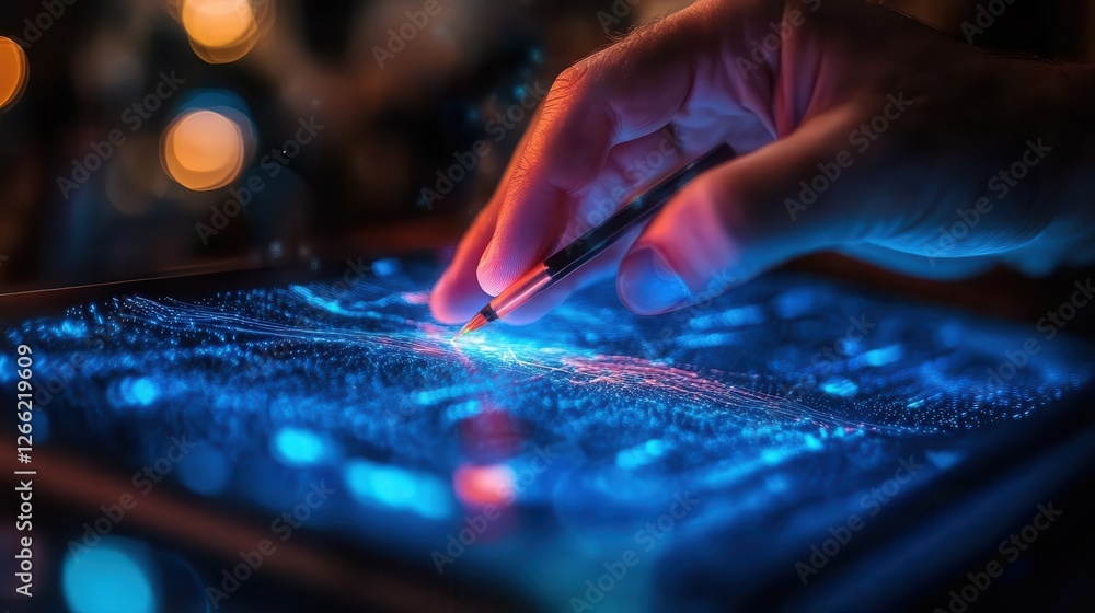 Vector graphics, close-up of hands drawing digital vector lines on a tablet, soft glow Vector graphics, close-up of hands drawing digital vector lines on a tablet, soft glow