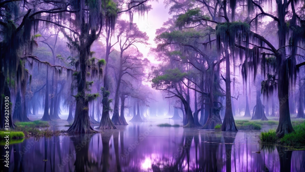 Naklejka premium Mysterious violet swamp at dusk surrounded by misty wetlands and towering trees with Spanish moss hanging from branches, creating an eerie atmosphere, swamp scenery, eerie landscape
