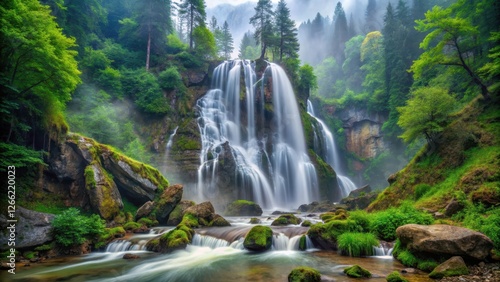 Misty waterfalls cascading down rocky terrain at Toplita in Transylvania, surrounded by lush green forests and tall trees photo