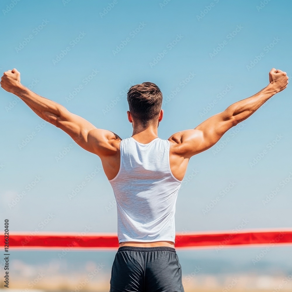 A fit young man celebrating victory with arms raised against a clear blue sky, embodying the spirit of achievement and determination. A fit young man celebrating victory with arms raised against a clear blue sky, embodying the spirit of achievement and determination.