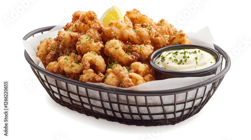 A basket of crispy fried calamari with a side of lemon aioli sauce photo