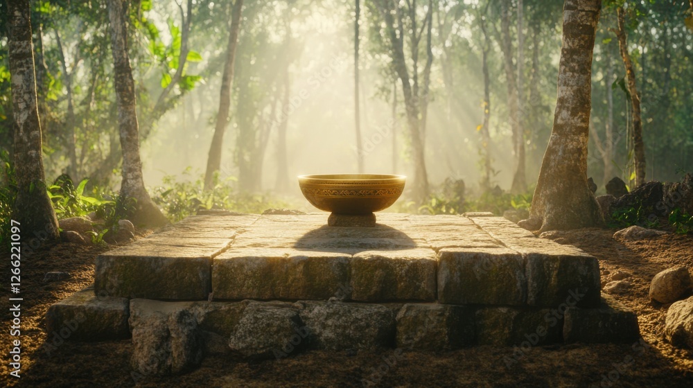 Ancient stone altar in misty forest with ceremonial bowl, symbolizing ancient rituals and spiritual connection to nature, evoking mystery and historical traditions Ancient stone altar in misty forest with ceremonial bowl, symbolizing ancient rituals and spiritual connection to nature, evoking mystery and historical traditions