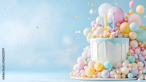 First birthday cake with pastel balloons, celebration