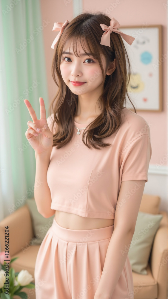 淡いピンクのツインリボンが可愛らしい女性が、パステルカラーのインテリアに囲まれた部屋でピースサインをしながら微笑む。クロップトップとフレアスカートの組み合わせが爽やかで、ナチュラルなブラウンヘアがふんわりと揺れる。柔らかな日差しが差し込む中、リラックスした雰囲気が広がる。 淡いピンクのツインリボンが可愛らしい女性が、パステルカラーのインテリアに囲まれた部屋でピースサインをしながら微笑む。クロップトップとフレアスカートの組み合わせが爽やかで、ナチュラルなブラウンヘアがふんわりと揺れる。柔らかな日差しが差し込む中、リラックスした雰囲気が広がる。