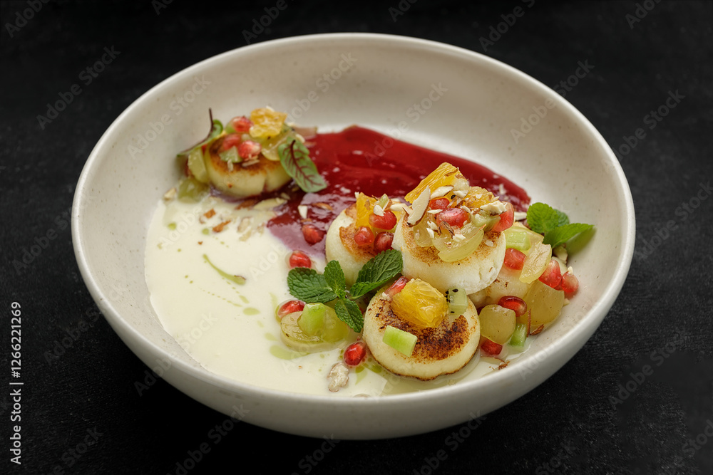Fried cheesecakes with sauce and pieces of fruit Fried cheesecakes with sauce and pieces of fruit