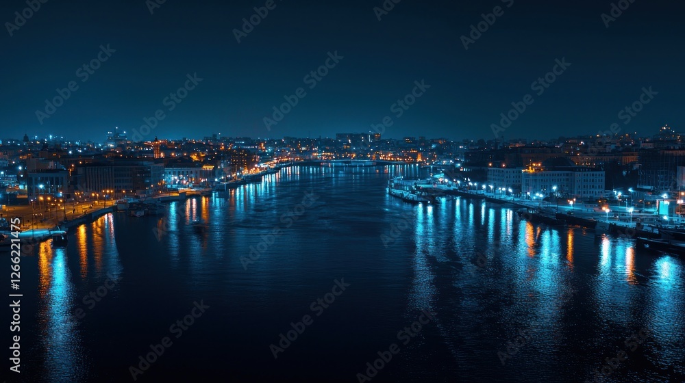 Fototapeta premium Night Cityscape: Dazzling River Reflections