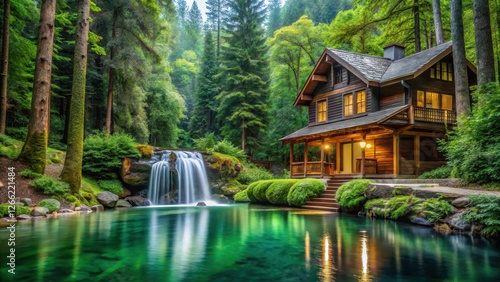 A serene forest cabin surrounded by lush greenery and towering trees, with a gentle waterfall cascading into a crystal-clear pool in the foreground , cabin, waterfalls