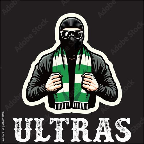 illustration vector graphic of Football fans ultras hooligan Skull with football scarf design for logo, t-shirt, etc