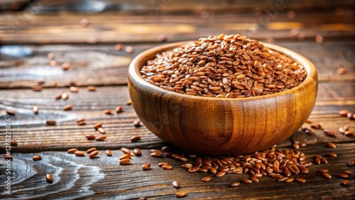 A wooden bowl filled with a generous helping of organic flaxseed sits atop a rustic table, showcasing the natural beauty of this nutritious food source, wholesome ingredients, farm to table