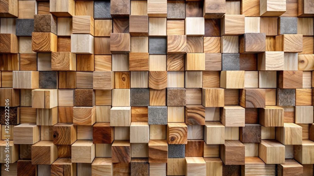 Wooden cube mosaic wall with varying cube sizes and colors , minimalist aesthetic, modern architecture Wooden cube mosaic wall with varying cube sizes and colors , minimalist aesthetic, modern architecture