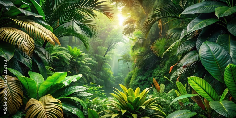 Obraz premium Dense jungle foliage with vibrant greens and warm browns creating a natural, organic look, leaves, nature, leaves, nature