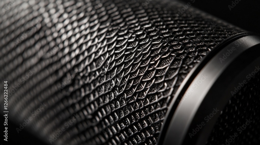 Close up of a professional condenser microphone, highlighting the intricate grid pattern, showcasing the precision engineering and design involved in capturing high quality audio Close up of a professional condenser microphone, highlighting the intricate grid pattern, showcasing the precision engineering and design involved in capturing high quality audio