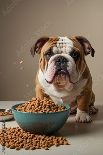 A bulldog sits beside a bowl of dog food, with scattered kibble around it.