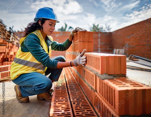 femme maçon construit un mur avec des briques rouges et du mortier sur un chantier de construction de maison en ia