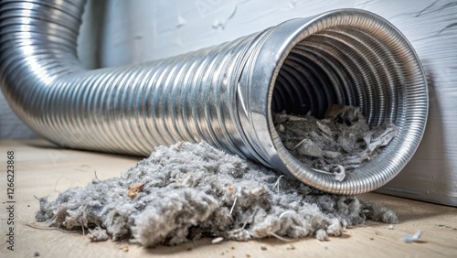 Flexible aluminum dryer vent duct filled with lint,, debris, appliance repair