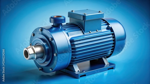 Industrial electric pump with asynchronous motor on blue background, industrial equipment