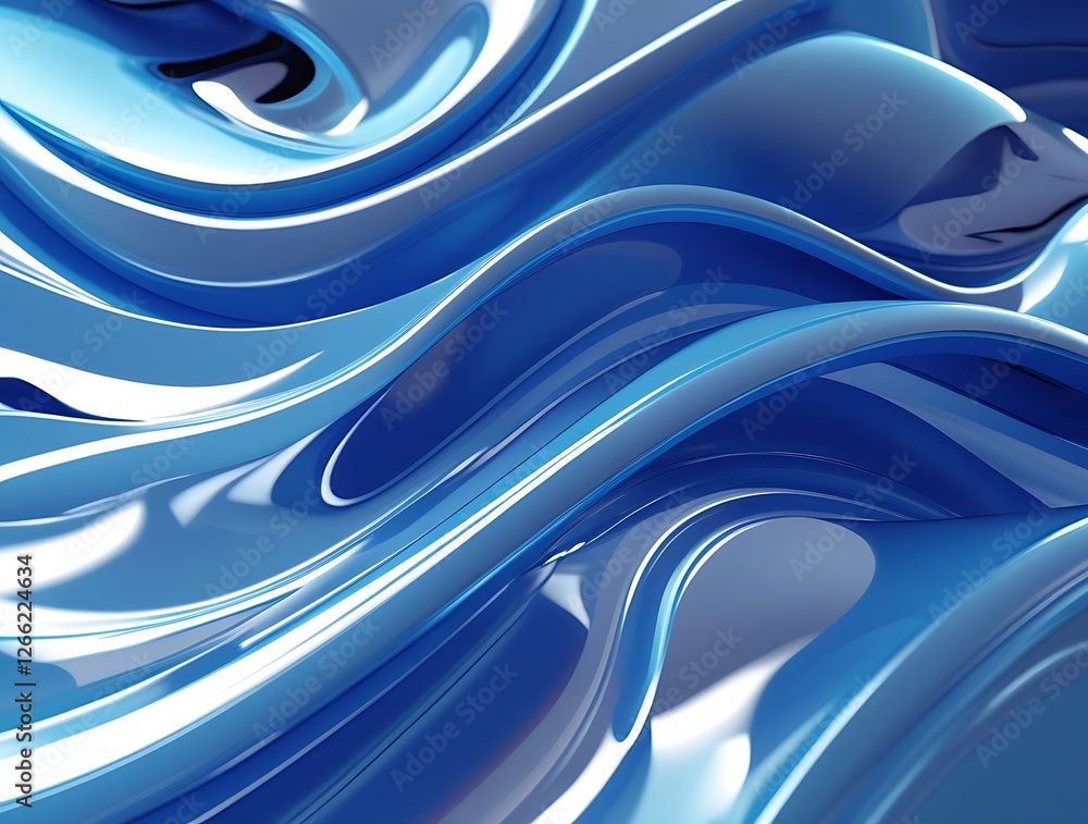 Fototapeta premium Glossy blue fluid waves with smooth, flowing curves and reflective surfaces creating a futuristic and abstract aesthetic, emphasizing modernity, movement, and digital design.