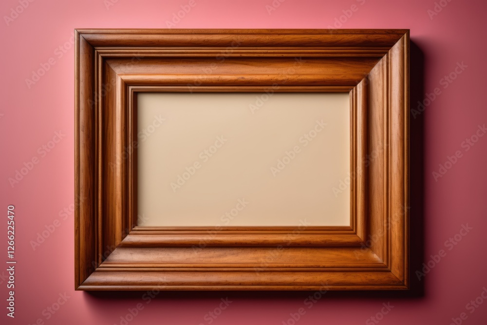 Fototapeta premium A gold brown picture frame on a wooden wall with an empty space for a photo, showcasing vintage and antique design elements