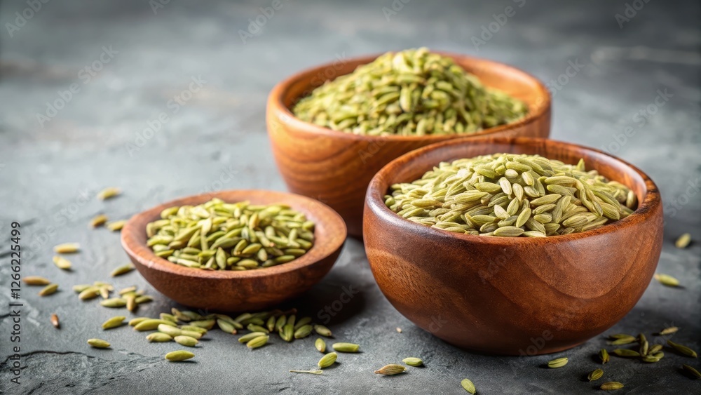 Close-up of Indian spice fennel seeds in wooden bowls on gray background , aromatic spices Close-up of Indian spice fennel seeds in wooden bowls on gray background , aromatic spices