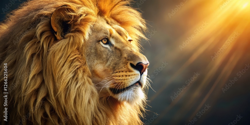 Fototapeta premium A close-up of a lion's mane, with sunlight filtering through the tangles of golden fur, revealing the sharp teeth and piercing gaze of the king of the savannah, Animal Kingdom, Furry Friends