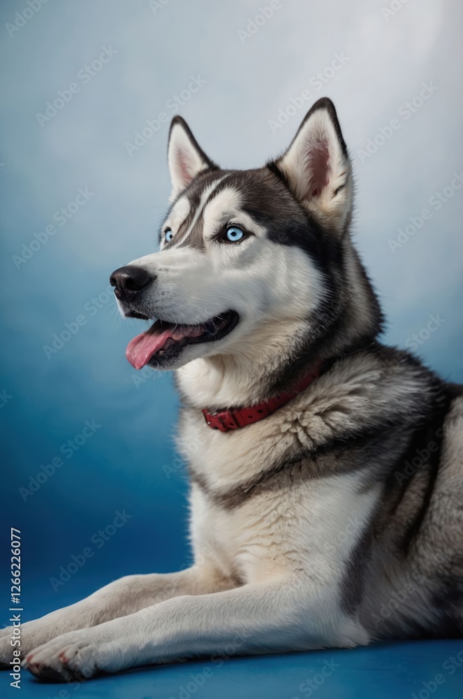 A close-up portrait of a Siberian Husky with striking blue eyes against a blue background. A close-up portrait of a Siberian Husky with striking blue eyes against a blue background.