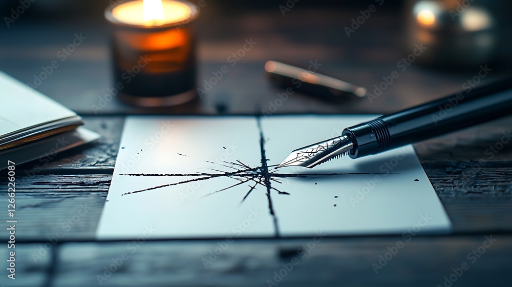 Fototapeta premium Elegant fountain pen creating intricate lines on paper beside a candle, enhancing a creative workspace